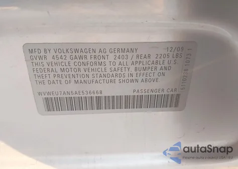 2010 Volkswagen Cc Vr6 Sport z USA, uszkodzony, nr VIN WVWEU7AN5AE536668